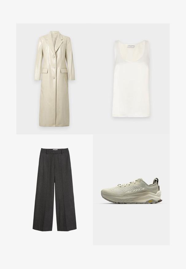 Krokodilo raštuotas dirbtinio odos ilgas paltas, šviesiai kreminės spalvos, su įpjovomis apykaklėmis, dviem priekinėmis kišenėmis ir mygtukų užsegimu. Lygus, blizgus paviršius.; Baltas atlasinis be rankovių marškinėliai su apvaliu iškirpimu ir lygia tekstūra, turintys subtilų blizgesį ir švarius kraštus.; Platus kojas kelnes tamsiai pilkos spalvos audinio. Yra pritaikytas liemuo su dirželių kilpomis, lygus paviršius ir minimalūs siuvimo akcentai.; Šviesiai kreminė bėgimo batų pora su orą praleidžiančiu tinkleliu, tekstūruotais akcentais, raištelių uždarymu ir Vibram pado, užtikrinančio sukibimą.