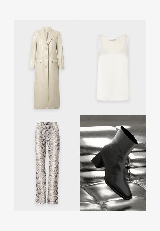 Krokodilo raštuotas dirbtinio odos ilgas paltas, šviesiai kreminės spalvos, su įpjovomis apykaklėmis, dviem priekinėmis kišenėmis ir mygtukų užsegimu. Lygus, blizgus paviršius.; Baltas atlasinis be rankovių marškinėliai su apvaliu iškirpimu ir lygia tekstūra, turintys subtilų blizgesį ir švarius kraštus.; Gyvatės rašto kelnės beigės ir pilkos spalvų schemos. Tiesaus kirpimo, su tekstūruotu paviršiumi ir priekinėmis kišenėmis. Su mygtukų užsegimu.; Juodos kulkšnies botai, pagaminti iš blizgaus medžiagos, su kvadratine padu ir siauru kulnu, prieš blizgiai sidabrinį pūsto audinio foną.