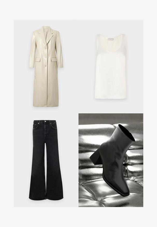 Krokodilo raštuotas dirbtinio odos ilgas paltas, šviesiai kreminės spalvos, su įpjovomis apykaklėmis, dviem priekinėmis kišenėmis ir mygtukų užsegimu. Lygus, blizgus paviršius.; Baltas atlasinis be rankovių marškinėliai su apvaliu iškirpimu ir lygia tekstūra, turintys subtilų blizgesį ir švarius kraštus.; Juodi plačiomis kojomis džinsai iš džinsinio audinio, su aukštu liemeniu, klasikinio penkių kišenių dizaino ir saga priekyje.; Juodos kulkšnies botai, pagaminti iš blizgaus medžiagos, su kvadratine padu ir siauru kulnu, prieš blizgiai sidabrinį pūsto audinio foną.
