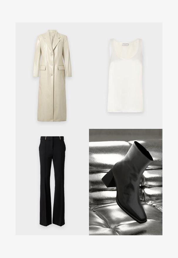 Pitkä takki, jossa on krokotiilikuosisella tekonahalla, vaaleanbeige, notched-lapels, kaksi etutaskua ja nappikiinnitys. Pehmeä, kiiltävä pinta.; Valkoinen satiinisi ilman hihna tankkitoppi, jossa on pyöreä kaula-aukko ja sileä pinta, hienovaraisella kiillolla ja siisteillä reunoilla.; LIU JO PANT FIT AND FLARE - Housut - nero; Musta nilkkuri, joka on valmistettu kiiltävästä materiaalista, jossa on neliömäinen kärki ja kapeahko kanta, asetettuna kiiltävän hopean tuftatun taustan eteen.
