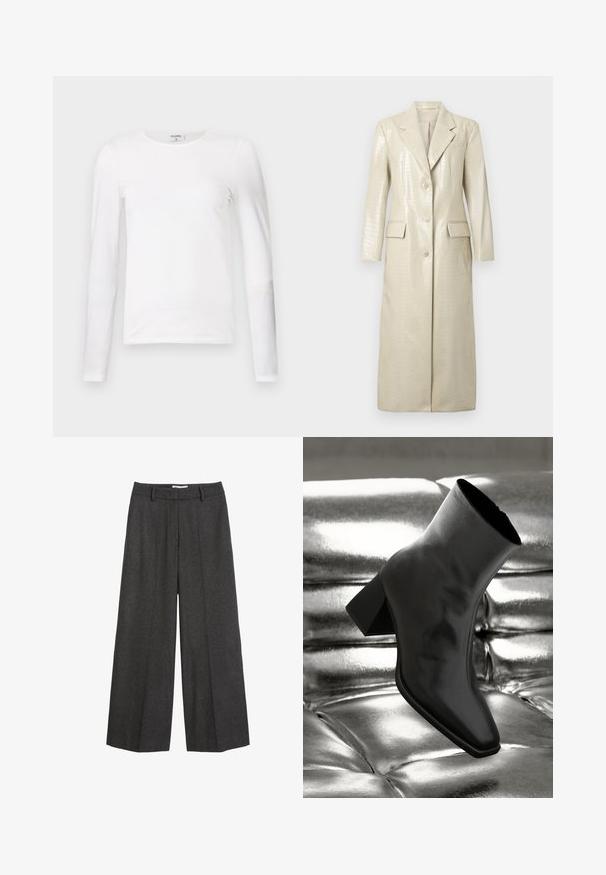 Płaszcz długi z imitacji skóry w wzór krokodyla, jasnobeżowy, z klapami, dwoma przednimi kieszeniami i zapięciem na guziki. Gładka, błyszcząca tekstura.; Biała, długi rękaw, koszulka z miękkiej bawełny, z okrągłym dekoltem i dopasowanym krojem, z czystymi szwami i bez widocznych wzorów.; Spodnie o szerokich nogawkach w ciemnoszarym kolorze. Posiadają dopasowany pasek w talii z szlufkami, gładką fakturę oraz minimalistyczne akcenty w postaci szwów.; Czarne botki za kostkę wykonane z błyszczącego materiału, z kwadratowym noskiem i zwężającym się obcasem, na tle błyszczącego srebrnego tapicerowanego tła.