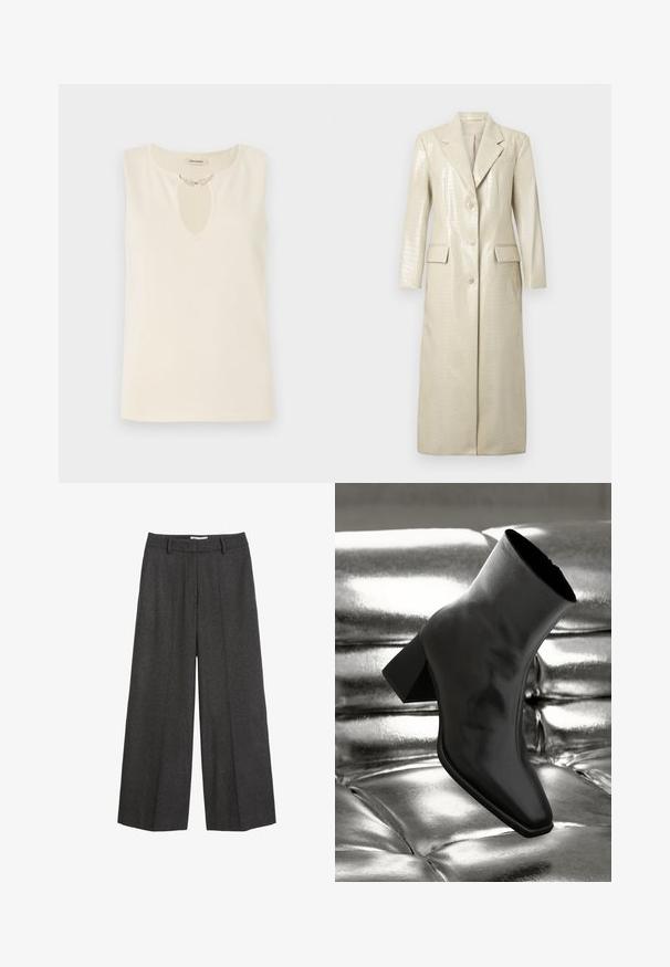 Pitkä takki, jossa on krokotiilikuosisella tekonahalla, vaaleanbeige, notched-lapels, kaksi etutaskua ja nappikiinnitys. Pehmeä, kiiltävä pinta.; Säännoton toppi kreemivärisesta kankaasta, jossa on avonainen kaula-aukko, jota koristelevat lehtimuotoiset yksityiskohdat. Yksinkertainen leikkaus ja sileä tekstuuri.; Hyviä leveälahkeisia housuja tummanharmaasta kankaasta. Varustettu räätälöidyllä vyötärökaistalla, jossa on vyölenkit, sileä tekstuuri ja minimaalinen ommelkorostus.; Musta nilkkuri, joka on valmistettu kiiltävästä materiaalista, jossa on neliömäinen kärki ja kapeahko kanta, asetettuna kiiltävän hopean tuftatun taustan eteen.