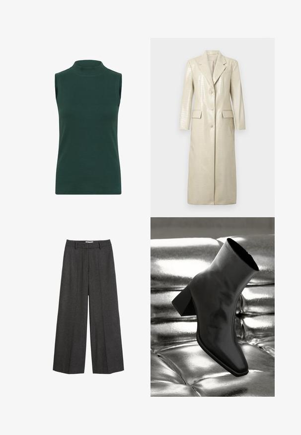 Krokodila raksta mākslīgās ādas garais mētelis, gaiši bēšā krāsā, ar iecirtītām atloks, divām priekšējām kabatām un pogu aizdari. Gluda, spīdīga tekstūra.; Bez Piedurknēm, turtlenecks tops, kas izgatavots no ribota auduma tumši zaļā krāsā. Iekļauj augstu apkakli, gludu tekstūru un pieguļošu dizainu.; Platas kājas bikses tumši pelēkā audumā. Iezīmēts ar pielāgotu jostas vietu ar jostas cilpām, gludu tekstūru un minimālām šuvju akcents.; Melnas potītes kurpes, izgatavotas no spīdīga materiāla, ar kvadrātveida purngalu un konusveida papēdi, novietotas uz spīdīga sudraba izšūta fona.