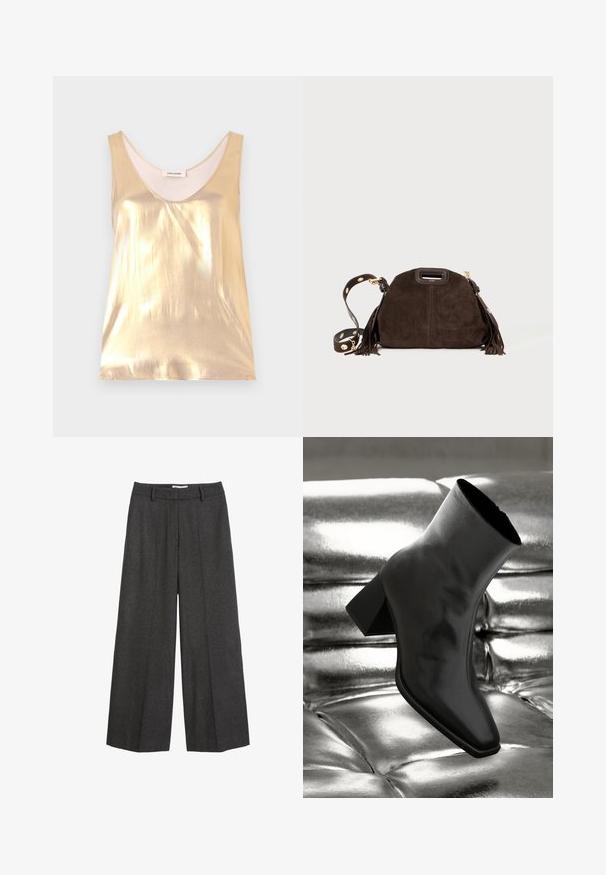 Dlhý kabát z imitácie kože s krokodílim vzorom, svetlo béžovej farby, s klopami, dvoma prednými vreckami a zapínaním na gombíky. Hladká, lesklá textúra.; Metalická zlatá bezrukávová blúzka s hlbokým výstrihom. Hladká textura, priliehavý strih a jemná vnútorná podšívka.; Široké nohavice v tmavošedej tkanine. Obsahujú priliehavý pás so slučkami na opasok, hladkú textúru a minimálne vyšívané detaily.; Čierne členkové topánky vyrobené z lesklého materiálu so štvorcovou špičkou a zúženým podpätkom, na lesklom striebornom podklade s vystuženým vzorom.; Hnedá semišová kabelka s zaobleným tvarom, dekoratívnymi strapcami, odnímateľným remienkom s zlatými kovovými doplnkami a vrchnou rukoväťou.