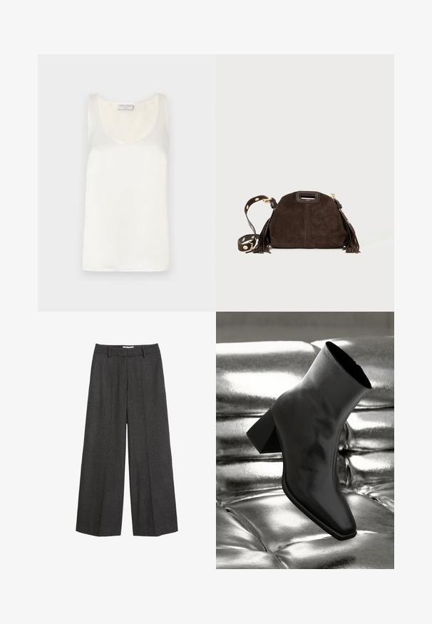 Palton lung din piele ecologică cu model de crocodil, bej deschis, cu rever decupat, două buzunare frontale și închidere cu buton. Textură netedă și lucioasă.; Topul fără mâneci din satin alb prezintă un guler rotund și o textură netedă, cu un luciu subtil și margini curate.; Pantaloni cu picioare largi dintr-un material gri închis. Prezentă un brâu ajustat cu bucle pentru curea, textură netedă și accente de cusătură minime.; Cizme negre până la gleznă, realizate dintr-un material lucios, cu vârf pătrat și toc conic, plasate pe un fundal strălucitor de argint, cu un model tuftat.; Geantă de mână din suede maro, cu o formă rotundă, franjuri decorative, curea detașabilă cu accesorii aurii și un mâner de sus.