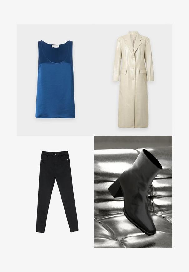 Dlouhý kabát z umělé kůže s krokodýlím vzorem, světle béžový, s klopovými límci, dvěma předními kapsami a zapínáním na knoflíky. Hladký, lesklý povrch.; Modrý saténový top bez rukávů s kulatým výstřihem a širokými ramínky, hladkou texturou a volným střihem.; Černé skinny džíny z denimu, s vysokým pasem, piatí kapsami a surovým lemem na kotnících. Klasické zapínání na knoflík a zip.; Černá kotníková bota vyrobená z lesklého materiálu se čtveratou špičkou a zúženým podpatkem, umístěná na lesklém stříbrném prošívaném pozadí.