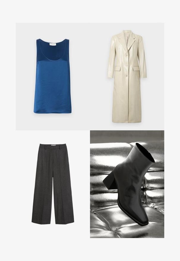 Krokodilli mustriga kunstnahast pikk mantel, helebeez, nööpide ja kahe esipocketiga, millel on nurgatangid. Sile ja läikiv tekstuur.; Sinine satiinist tank top, millel on ümar kaelus ja laiad õlavarre rihmad, sile tekstuur ja lõdva istuvuse. ; Tumed hallid laiad püksid. Neil on kohandatud vöökoht koos vöörihmadega, sile/textuur ja minimaalne õmblusdetailide rõhutamine.; Must musta narmand, läikiva materjali ja ruudukujulise varbaga ning kitseneva kontsaga, paigutatud läikiva hõbedaselt tuftitud tausta ette.