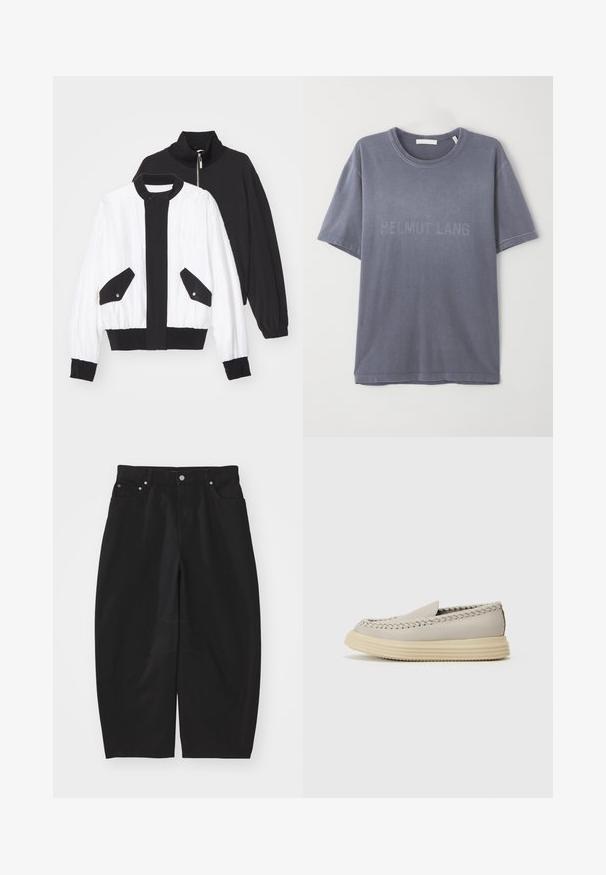 Melns un balts apgriezts žakets ar melnu rāvējslēdzēja apkakli, divām priekšējām kabatām ar spiedpogām, kā arī ribotām apakšmalām un piedurknēm.; Pelēka kokvilnas T-kreklu ar īsām piedurknēm, apaļu kakla izgriezumu, ar izspiestu "HELMUT LANG" logotipu uz priekša. Mīksta tekstūra, brīva piegriezuma.; Helmut Lang COCOON GALLERY - Brīva piegriezuma džinsi - black; The Antipode Čības - earth