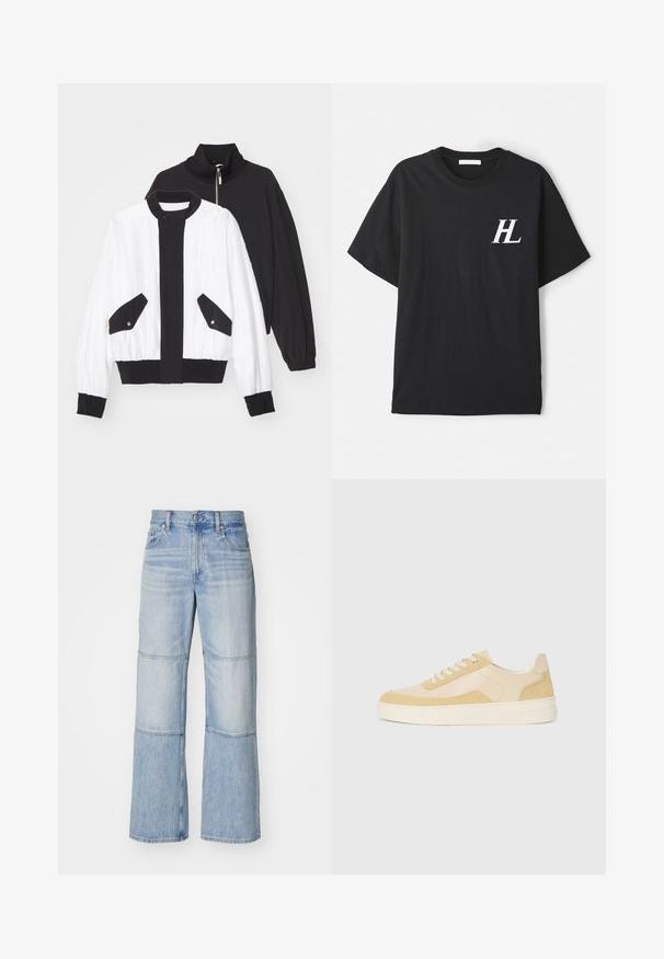 Black and white cropped jacket featuring a black zippered collar, two front pockets with snap buttons, and a ribbed hem and cuffs.; Black cotton T-shirt with short sleeves, featuring a white "HL" logo on the left chest. Regular fit, smooth texture, and classic crew neck design.; Light blue denim trousers with a wide-leg design, featuring contrasting panels and visible stitching. High-waisted with a button closure.; Sneakers in light yellow suede and leather, featuring a cushioned sole and stitched accents. Classic lace-up design with a rounded toe.