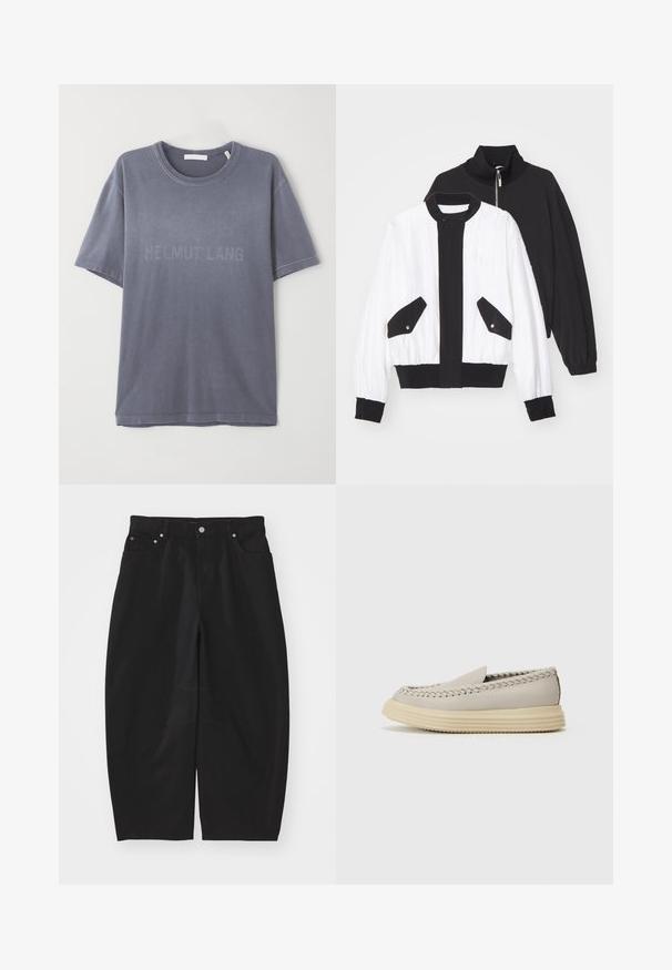 Melns un balts apgriezts žakets ar melnu rāvējslēdzēja apkakli, divām priekšējām kabatām ar spiedpogām, kā arī ribotām apakšmalām un piedurknēm.; Pelēka kokvilnas T-kreklu ar īsām piedurknēm, apaļu kakla izgriezumu, ar izspiestu "HELMUT LANG" logotipu uz priekša. Mīksta tekstūra, brīva piegriezuma.; Helmut Lang COCOON GALLERY - Brīva piegriezuma džinsi - black; The Antipode Čības - earth