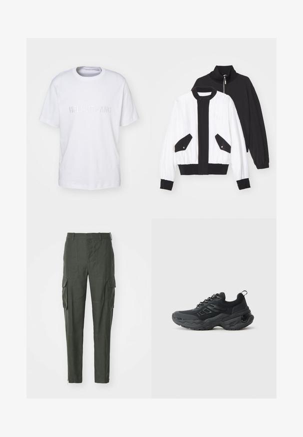 Černobílé zkrácené sako s černým zipovým límcem, dvěma předními kapsami se cvokovými knoflíky a žebrovaným lemem a manžetami.; Helmut Lang LOGO TEE - Triko s potiskem - white; Cargo kalhoty vyrobené z tmavě zelené látky, s několika bočními kapsami, rovný střih a zip na kotníku pro nastavitelnou velikost.; Černé sportovní boty s texturovaným síťovinovým svrškem, robustní gumovou podrážkou a reflexními detaily. Disponují silným šněrováním a zadním poutkem.