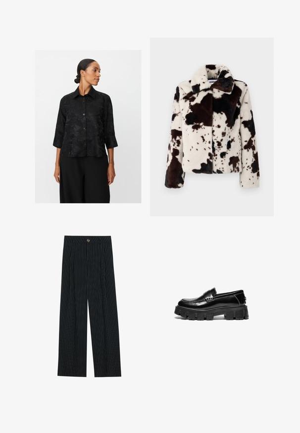 Faux fur jakke i creme og mørkebrun med et kvægprintmønster, en bred krave og en boxy facon med lange ærmer.; Sort skjorte med knapper og trekvartærmer, tekstureret blomstermønster, krave og frontknapper. Kombineret med brede sorte bukser.; Sorte, stribede bukser med vidde, lavet af tekstureret stof. De har en frontlukning med knap og folder for ekstra interesse.; Sorte læder loafers med kraftig gummisål, dekorativ strop over vristen og kontrasterende hvid syning. Glat tekstur med rund tå.