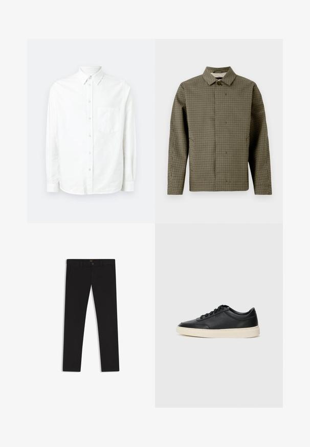 Olifantenhuid patroonjacket in olijfgroen en zwart, met een kraag, knoopsluiting en lange mouwen. Soepele stofstructuur.; Witte lange mouwen knoopshirt gemaakt van lichtgewicht stof. Heeft een voorzak, klassieke kraag en een subtiele textuur.; Zwarte broek van stof met een gladde textuur. Bevat een knoopsluiting, riemlussen en zijzakken. Standaard straight-leg ontwerp.; Zwarte leren sneaker met lage schacht, zwarte veters en off-white zool, weergegeven in zijprofiel op een witte achtergrond.