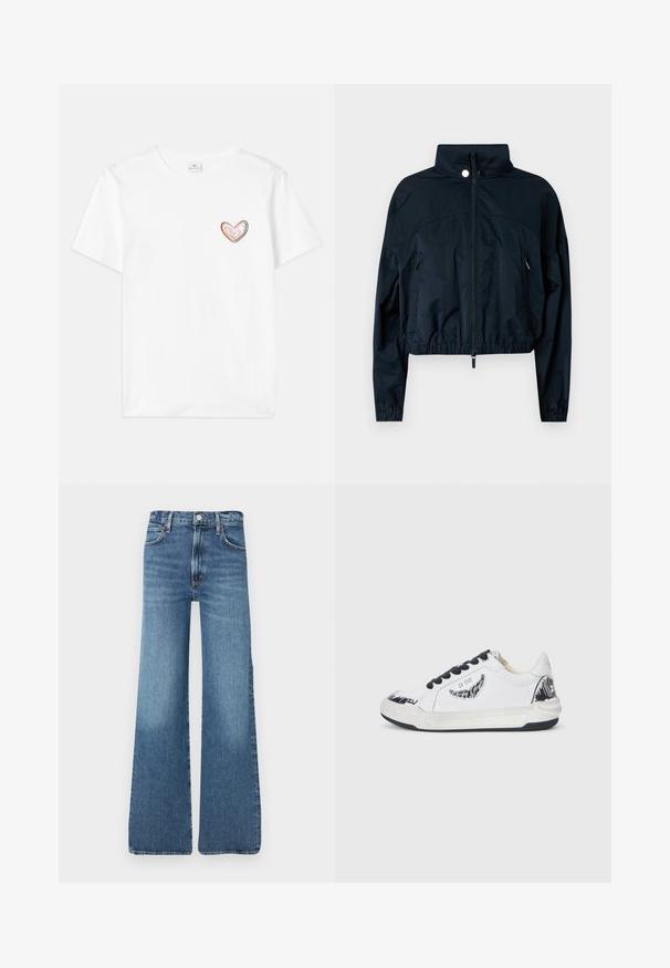 Sötétkék, rövidített dzseki, könnyű anyagból készült, magas gallérral, elöl cipzárral, valamint rugalmas aljjal és mandzsettákkal.; Fehér pamut póló, amelyen egy színes szív minta található a bal mellen. Rövid ujjak és klasszikus kerek nyakkivágás jellemzi.; Világoskék farmernadrág, széles lábszárral, magas derékkal, klasszikus öt zsebes kivitelben, és enyhe kopással a térdnél.; Fehér sneaker fekete akcentussal, az oldalon texturált mintázattal, fekete fűzőkkel és gumitalppal. Logó és művészeti mintázat a felső részen.
