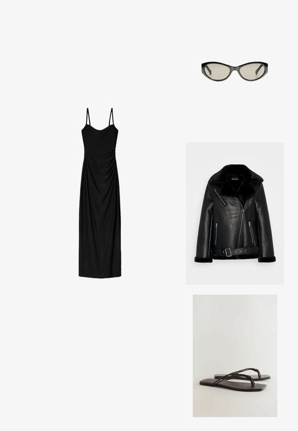 Mustahaalli musta nahkahiha, jossa on leveä kaulus, vetoketjukiinnitys ja vyötärön yksityiskohta. Varustettu pehmeillä mustilla tekoturkisharleilla kauluksessa ja hihoissa.; Mustat midi-mekko, jossa on ohuet säädettävät olkaimet. Mekossa on liehuva muotoilu ja sileä pinta. Ei näkyviä kuvioita tai koristeluja.; Mustat litteät sandaalit minimalistisella muotoilulla, joissa on ohuet, solmitut hihnat ja sileä, litteä pohja. Materiaali näyttää pehmeältä ja joustavalta.; Mustat kissakuvioiset aurinkolasit harmailla tummennetuilla linsseillä. Muovikehyksissä on terävät reunat ja sileä, kiiltävä pinta.
