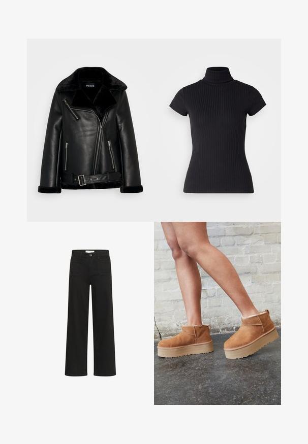Veste de biker en cuir synthétique noir avec un large col, fermeture éclair à l'avant et détail de ceinture. Présente des accents en fausse fourrure douce noire sur le col et les poignets.; Haut noir à col roulé court en tissu côtelé, avec une coupe ajustée et un design de col haut. Motif simple et texturé.; Kaffe KABROOK HW REG FIT - Jean flare - black deep; Bottines en suède marron avec une doublure en peluche, semelle épaisse en beige et une poignée à l'arrière. Surface texturée avec des détails de couture visibles.
