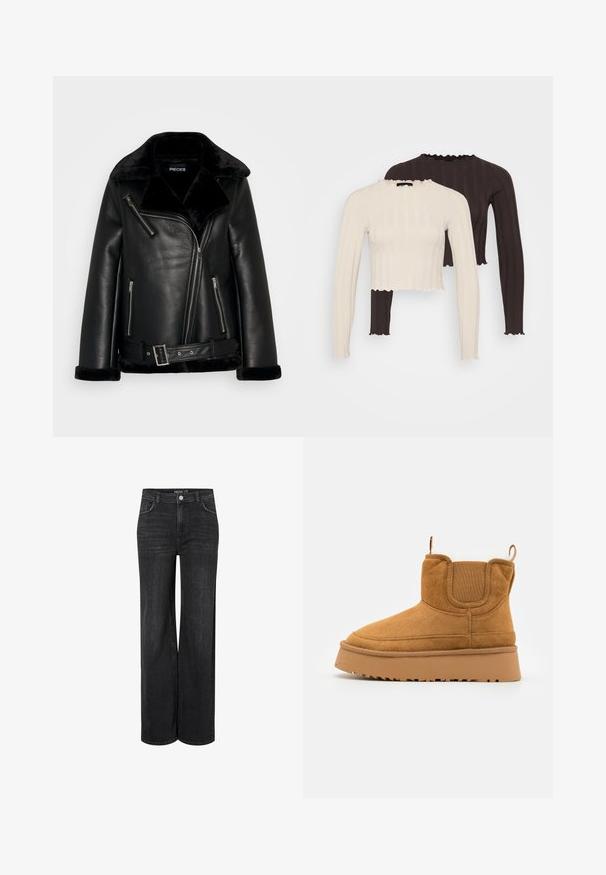 Black faux leather biker jacket with a wide collar, zippered front, and belt detail. Features soft black faux fur accents on the collar and cuffs.; Ribbed long-sleeve tops in cream and dark brown, featuring a cropped cut and ruffled necklines with scalloped edges.; Wide-leg black denim jeans with a classic five-pocket design, front button closure, and subtle stitching details.; Brown suede ankle boot with a textured upper, elastic side panels, and a thick rubber sole featuring a pronounced tread pattern.