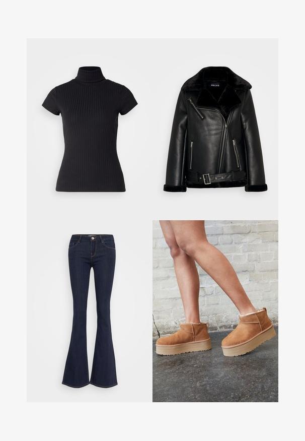 Juodas dirbtinis odos motociklininkų švarkas su plačiu apykakle, užtrauktuku priekyje ir diržo detale. Yra švelnūs juodi dirbtinio kailio akcentai ant apykaklės ir rankogalių.; Juodas, trumpomis rankovėmis polos stilius marškinėliai, pagaminti iš tekstūruotos medžiagos, su siauru siluetu ir aukštu apykaklės dizainu. Paprastas ir tekstūruotas raštas.; Tamsiai džinsinio audinio platėjančios kelnės su prigludusia juosmens linija, turinčios priekinį mygtuko užsegimą, penkių kišenių dizainą ir siūlių detales palei kojas.; Rudos zomšiniai kulkšniniai batai su minkštu pamušalu, storu smėlio spalvos platforminiu padu ir gale esančia kilpa. Tekstūruotas paviršius su matomais siuvimo detalėmis.