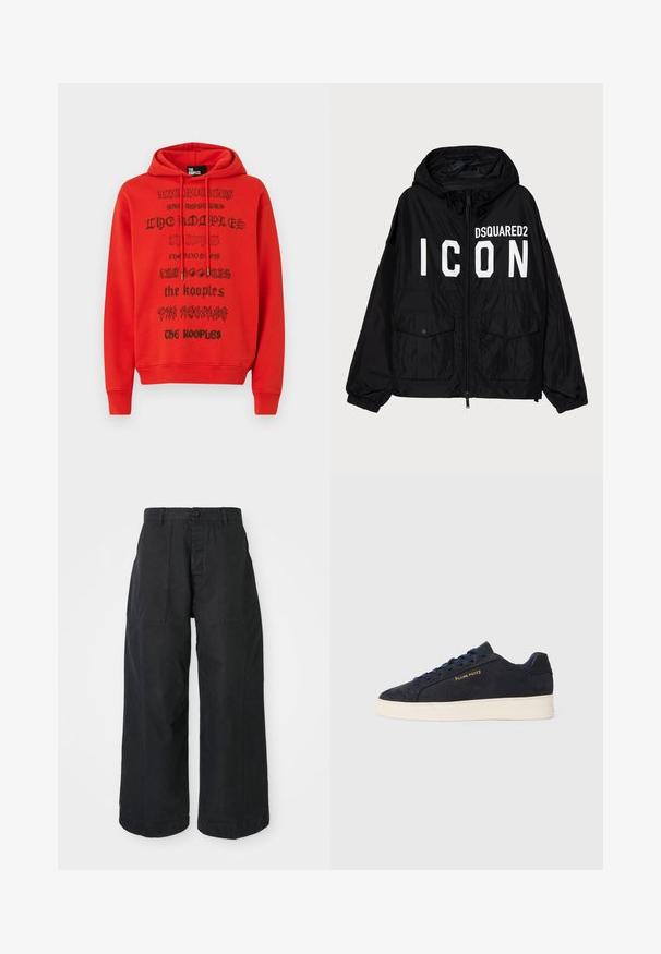 Črna jakna z vetrovko in kapuco, ki ima spredaj belo besedilo "DSQUARED2 ICON", dve sprednji žepi in elastične manšete.; Rdeča kapuca z črnim tiskanim besedilom v različnih pisavah. Material izgleda mehak, z 'kangaroo' žepom in nastavljivim kapuco z vrvico.; Črne široke hlače iz platna z gumbom, ki imajo dva sprednja žepa in sproščen kroj.; Mornarsko modre semiš nizke superge z belim podplatom, mornarskimi vezalkami in z zlatim logotipom "Filling Pieces" na strani.