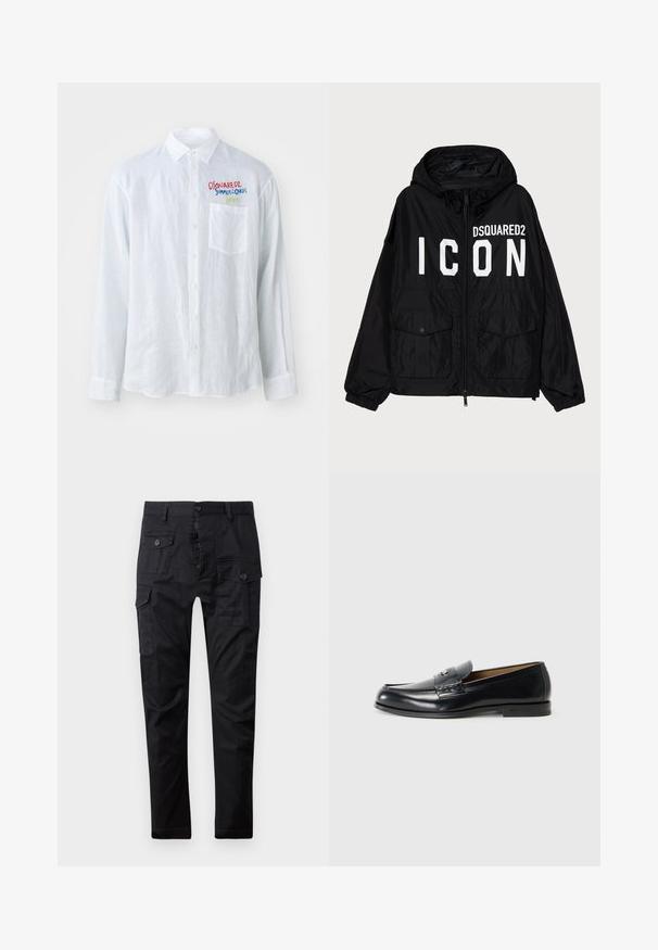 Schwarze Windbreaker-Jacke mit Kapuze, ausgestattet mit weißem "DSQUARED2 ICON"-Text auf der Vorderseite, zwei Fronttaschen und elastischen Bündchen.; Weißes Langarmhemd aus strukturiertem Stoff mit einer Brusttasche und mehrfarbigen gestickten Text auf der linken Seite.; Schwarze Cargohosen aus strapazierfähigem Stoff, ausgestattet mit mehreren Taschen, einem Knopfverschluss und einem geraden Bein-Design. Glatte Textur und matte Oberfläche.; Schwarze Ledermokassins mit glatter Oberfläche, runder Zehenform, dekorativer Naht und einem kleinen Metallelement an der Vorderseite.