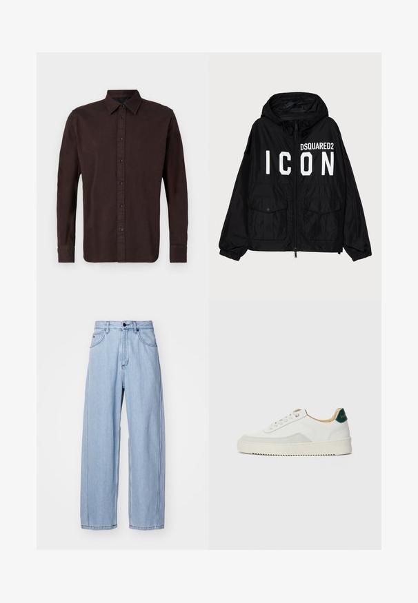 Zwarte windbreakerjack met capuchon, voorzien van witte "DSQUARED2 ICON" tekst aan de voorkant, twee voorzakken en elastische manchetten.; Donkerbruin overhemd met lange mouwen, gemaakt van geweven stof. Beschikt over een button-down kraag, een voorkant met black knopen en knoopmanchetten.; Lichtblauwe denim jeans met een wijd model, voorzien van voorzakken, een knoopsluiting en gedetailleerde stiksels langs de naden.; Witte sneaker met suède accenten, ronde neus, platte veters en een crème rubberen zool. Bevat groene branding op de hiel.