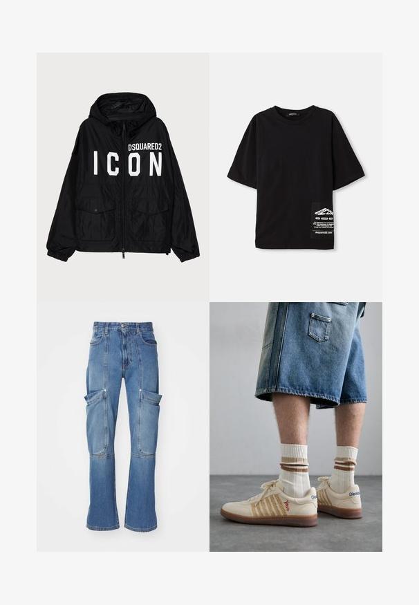 Juodas vėjui atsparus švarkas su kapišonu, su baltu tekstu "DSQUARED2 ICON" priekinėje pusėje, dviem priekinėmis kišenėmis ir elastingomis rankogaliais.; Juodas per didelis medvilninis marškinėliai, su trumpomis rankovėmis, apvaliu iškirpimu ir etikete su baltu tekstu ant šoninio kišenės.; Šviesiai mėlynos džinsinės cargo kelnės su aukštu liemeniu, daugybe šoninių kišenių ir plačiomis kojomis, su kontrastingais siūlais ir užtrauktuku.; Bežiniai retro sportbačiai su rudu guminio pado, turi dryžuotų akcentų ir siuvinėtų logotipų. Dėvimi su baltais kojiniais, su dryžuotu ruduo akcentu.