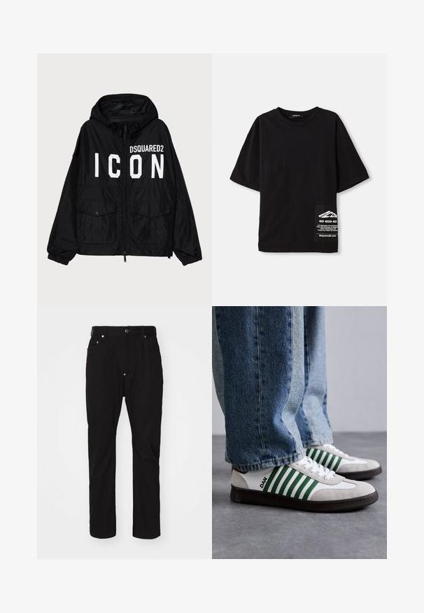 Schwarze Windbreaker-Jacke mit Kapuze, ausgestattet mit weißem "DSQUARED2 ICON"-Text auf der Vorderseite, zwei Fronttaschen und elastischen Bündchen.; Schwarzes, übergroßes T-Shirt aus Baumwolle, mit kurzen Ärmeln, rundem Halsausschnitt und einem Etikett mit weißem Text auf einer seitlichen Brusttasche.; Schwarze Baumwollhosen mit geradem Schnitt, Knopfverschluss, fünf Taschen und subtiler Textur. Keine sichtbaren Verzierungen oder Muster.; Weiße und grüne Sneaker aus Wildleder und Leder mit grünen Streifen, weißen Schnürsenkeln und einer Gummisohle. Kombiniert mit blauen Jeans.