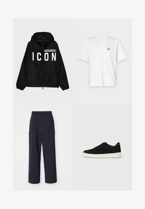 Melnā vējjaka ar kapuci, uz kuras priekšpuses ir balts "DSQUARED2 ICON" teksts, divi priekšējie kabatas un elastīgas aproces.; Baltas kokvilnas T-krekls ar īsām piedurknēm, apaļu dekoltē un mazu pelēku logo kreisajā krūšu daļā. Gluda tekstūra.; Jūras spēku kravas bikses ar ziliem izšuvumiem, elastīgu jostu, divām sānu kabatām, taisna kāju dizainu un mīkstu auduma tekstūru.; Melnas zamšas kedas ar auklām un kontrastējošu baltu gumijas zoli. Iekļauj teksturētas sānu panēles un diskretu zīmolu uz papēža.