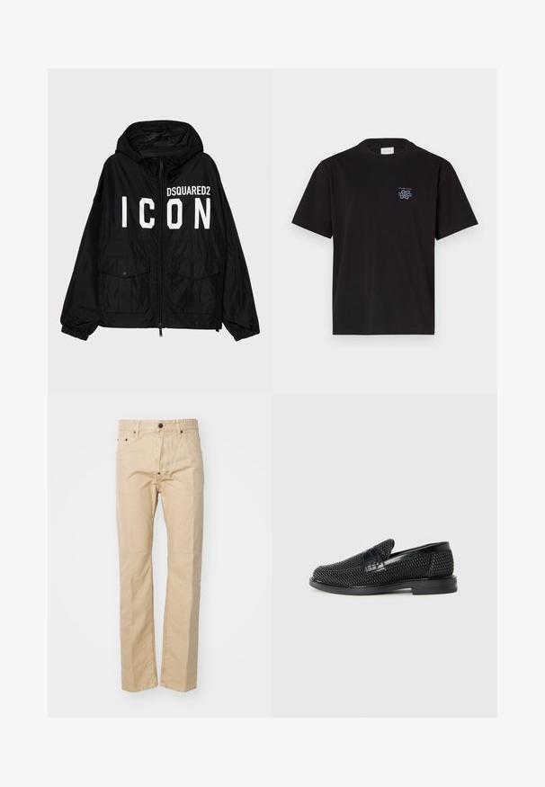 Schwarze Windbreaker-Jacke mit Kapuze, ausgestattet mit weißem "DSQUARED2 ICON"-Text auf der Vorderseite, zwei Fronttaschen und elastischen Bündchen.; Schwarzes Baumwoll-T-Shirt mit Rundhalsausschnitt und kurzen Ärmeln. Mit einem kleinen blauen Logo auf der linken Brust. Einfaches, gerade geschnittenes Design.; Beige Baumwollhose mit geradem Bein, ausgestattet mit einem Knopfverschluss, Gürtelschlaufen und Eingrifftaschen. Glatte Textur, minimale Nähte.; Schwarzer geflochtener Slipper mit einem glatten Lederakzent im Obermaterial, einem runden Zehendesign und einer flachen Gummisohle.