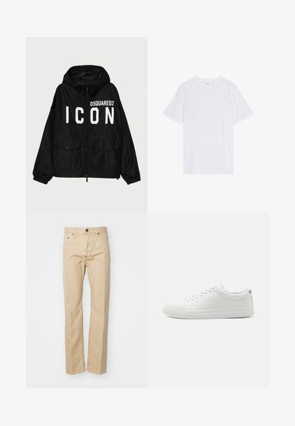 Black windbreaker jacket with a hood, featuring white "DSQUARED2 ICON" text on the front, two front pockets, and elasticized cuffs.; White t-shirt, short sleeves, crew neck, made of cotton, features a smooth texture, straight hem, and minimal design with no patterns.; Beige cotton trousers with a straight-leg design, featuring a button closure, belt loops, and front pockets. Smooth texture, minimal stitching.; White leather sneakers with a low-top design, prominent "ICON" embossing on the side, and a textured rubber sole.