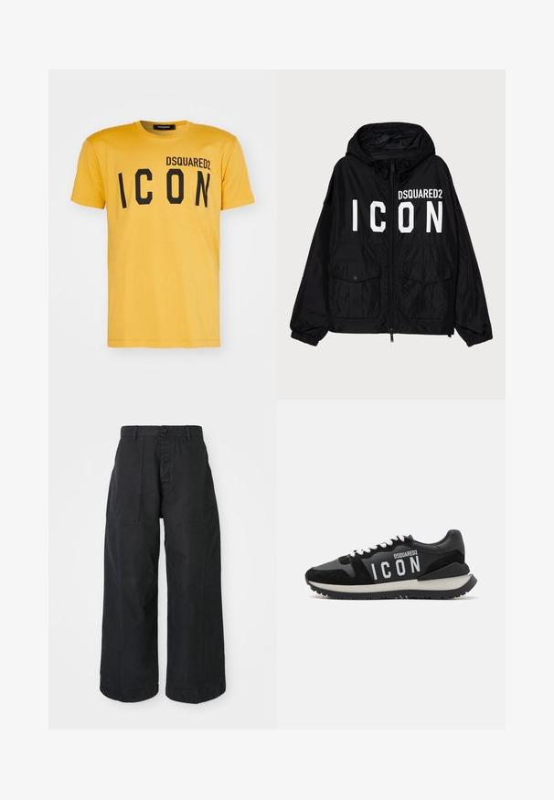 Mustat tuulitakit, joissa on huppu, etupuolella valkoinen "DSQUARED2 ICON" -teksti, kaksi etutaskua ja joustavat hihansuut.; DSQUARED2 ICON COOL FIT TEE - Printtipaita - sunflower; Mustat leveälahkeiset housut, jotka on valmistettu kankaisesta materiaalista ja joissa on nappisuljenta. Niissä on kaksi etutaskua ja rento istuvuus.; Mustat nahka- ja mokkakengät, joissa on valkoinen "ICON"-logo ja kontrastivärinen musta pohja. Nauhat ovat valkoiset; design on urheilullinen.