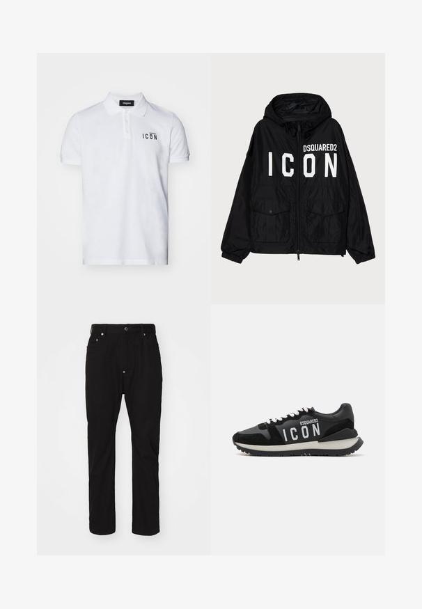 Zwarte windbreakerjack met capuchon, voorzien van witte "DSQUARED2 ICON" tekst aan de voorkant, twee voorzakken en elastische manchetten.; DSQUARED2 ICON Poloshirt - white; Zwarte katoenen broek met een rechte pasvorm, knoopsluiting, vijfzakkenontwerp en subtiele textuur. Geen zichtbare versieringen of patronen.; Zwarte sneakers van leer en suede, met een witte "ICON" logo en een contrasterende zwarte zool. De veters zijn wit; het ontwerp is sportief.