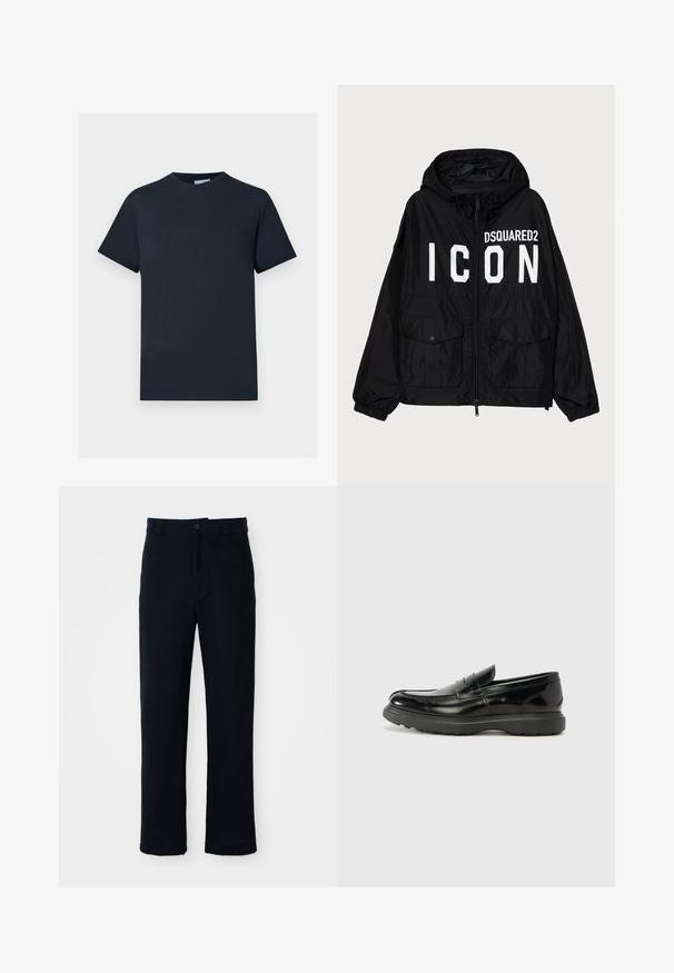 Black windbreaker jacket with a hood, featuring white "DSQUARED2 ICON" text on the front, two front pockets, and elasticized cuffs.; Navy blue cotton T-shirt, short sleeves, crew neckline, features a textured logo design across the chest in a lighter shade.; Navy blue trousers made of cotton, featuring a straight-leg design, a front button closure, and classic waistband with belt loops.; Black leather loafer with a glossy finish, rounded toe, subtle stitching details, and a thick rubber sole for durability.