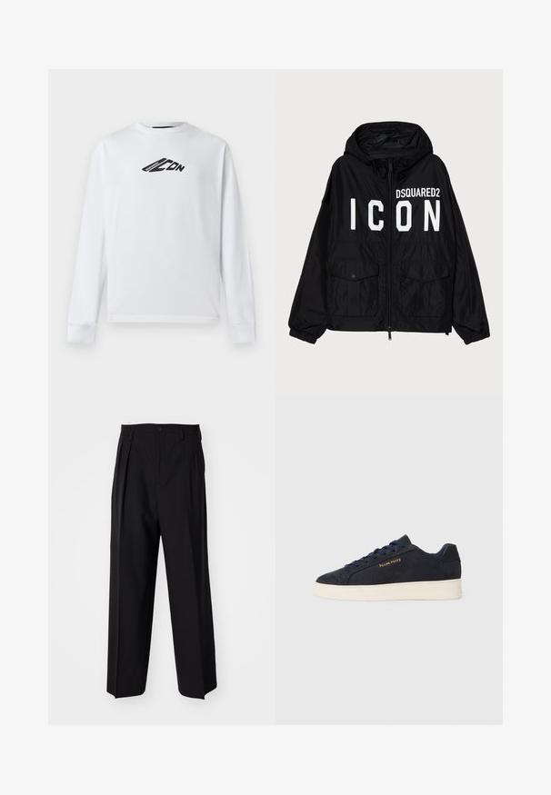 Čierna vetrovka s kapucňou, s bielym textom "DSQUARED2 ICON" na prednej strane, dvoma prednými vreckami a elastickými manžetami.; Biely dlhý rukáv mikina z bavlny s čiernym logom na prednej strane a rebrovanými manžetami. Klasický okrúhly výstrih.; Čierne skladané nohavice s rovnom, širokým strihom. Vyrobené z hladkého materiálu, s gombíkovým zapínaním a pútkami na opasok.; Námornícky modré semišové nízke tenisky s bielou podrážkou, námorníckymi šnúrami a zlatým logom "Filling Pieces" na boku.