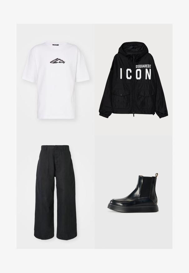 Schwarze Windbreaker-Jacke mit Kapuze, ausgestattet mit weißem "DSQUARED2 ICON"-Text auf der Vorderseite, zwei Fronttaschen und elastischen Bündchen.; Weißes Baumwoll-T-Shirt mit einem schwarzen Grafiklogo auf der Brust. Kurze Ärmel, Rundhalsausschnitt und eine lockere Passform.; Schwarze, weite Beinkleider aus Canvasmaterial mit Knopfverschluss, zwei vorderen Taschen und einem lockeren Schnitt.; Schwarze Leder-Stiefel mit niedrigem Schaft, dicker gerippter Sohle, elastischen Seiteneinsätzen, Zuglasche und dekorativer Rückennaht.