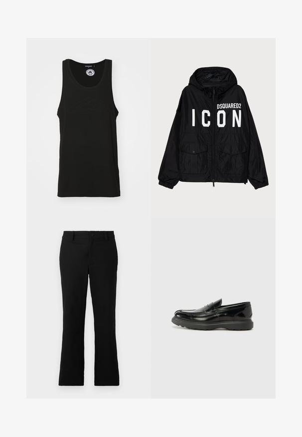 Juodas vėjui atsparus švarkas su kapišonu, su baltu tekstu "DSQUARED2 ICON" priekinėje pusėje, dviem priekinėmis kišenėmis ir elastingomis rankogaliais.; Juodas be rankovių marškinėliai, pagaminti iš medvilnės, su apvaliu iškirpimu ir įspaustu logotipo detalė ant priekio. Švarus, minimalistiškas dizainas.; Juodos plačios kelnės, pagamintos iš medvilnės mišinio, su mygtukų uždarymu, diržo kilpomis ir lygia tekstūra be matomų raštų.; Juodas odinis loaferis su blizgiu paviršiumi, apvaliu pirštu, subtiliais siūlių detalėmis ir storu guminio pado, užtikrinančio ilgaamžiškumą.