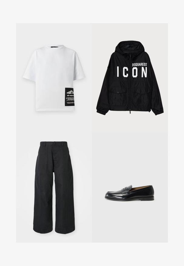 Black windbreaker jacket with a hood, featuring white "DSQUARED2 ICON" text on the front, two front pockets, and elasticized cuffs.; White cotton t-shirt with a round neck, short sleeves, and a black label featuring logo and text on the lower right corner.; Black wide-leg trousers made of canvas material with a button closure, featuring two front pockets and a relaxed fit.; Leather loafers in black with a smooth finish, rounded toe, decorative stitching, and a small metal accent on the front.