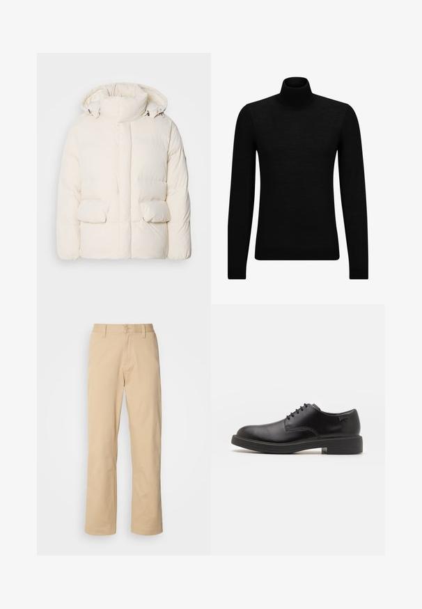 Veste blanche matelassée avec un col haut, deux poches avant et une texture lisse avec fermeture éclair. Design léger et isolé.; Pull à col roulé noir en matériau doux, avec des manches longues et une coupe ajustée. Finition côtelée au bas et aux poignets. Design simple.; HUGO ZAYN - Pantalon classique - medium beige; Chaussure noire en cuir à lacets avec un embout arrondi, texture lisse, piqures minimales et un petit talon en caoutchouc. Logo sur le talon.