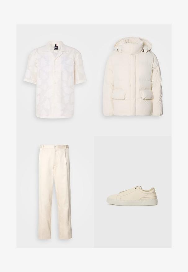 Chaqueta blanca acolchada con cuello alto, dos bolsillos frontales y una textura suave con cierre de cremallera. Diseño ligero y aislante.; Camisa de manga corta blanca en una tela ligera con un sutil patrón floral, que presenta un frente abotonado y un diseño de cuello clásico.; Pantalones de algodón beige con corte recto, que cuentan con un cierre de botón y pliegues en la parte frontal para un detalle adicional.; Zapatilla de cuero beige con punta redondeada, diseño minimalista, detalles de costura sutiles y parte superior texturizada, sobre una suela clara.