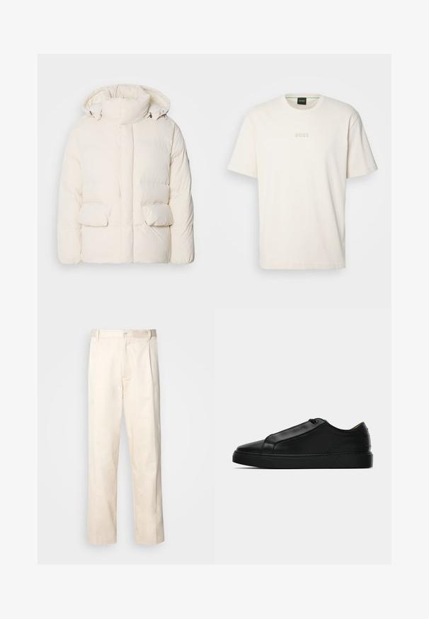 Töltött fehér dzseki, magas gallérral, két elülső zsebbel és sima felülettel, cipzáros záródással. Könnyű és szigetelt kialakítás.; BOSS TEE - Basic póló - open white; Beige pamut nadrág egyenes szárú kivágással, gombos záródással és elülső redőkkel a részletek fokozása érdekében.; Fekete, alacsony szárú tornacipő sima bőr felsőrésszel, minimális varrással és gumitalppal, oldalnézetből, fehér háttér előtt.