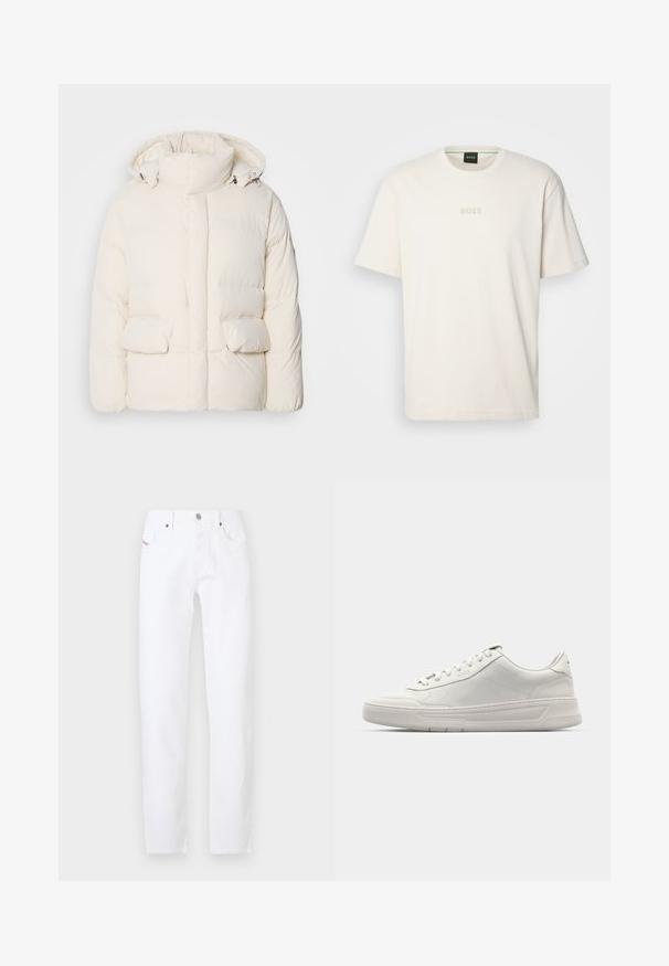 Padded white jacket featuring a high collar, two front pockets, and a smooth texture with a zip fastening. Lightweight and insulated design.; BOSS TEE - Basic T-shirt - open white; White denim jeans with a straight-leg fit, featuring a classic five-pocket design and metal button closure. Minimalistic style with no patterns.; White sneakers with a smooth leather upper, round toe, lace-up closure, and a thick rubber sole. Subtle logo on the side.
