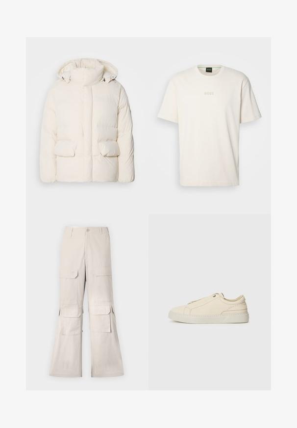 Baltas pamušalas didelis šalikas, dviejų priekinėmis kišenėmis ir lygiu paviršiumi, užsegamas užtrauktuku. Lengvas ir izoliuotas dizainas.; BOSS TEE - Paprasti marškinėliai - open white; Šviesiai rudos kargo kelnės su laisvu siluetu, turinčios kelias kišenes su užsegimais šoninėse pusėse ir mygtuką užsegimui. Pagaminta iš lengvos medžiagos.; Kreminio odos sportbačiai su apvaliu nosiu, minimalistiniu dizainu, subtiliomis siuvimo detalėmis ir tekstūrine viršutine dalimi, ant šviesios pado.