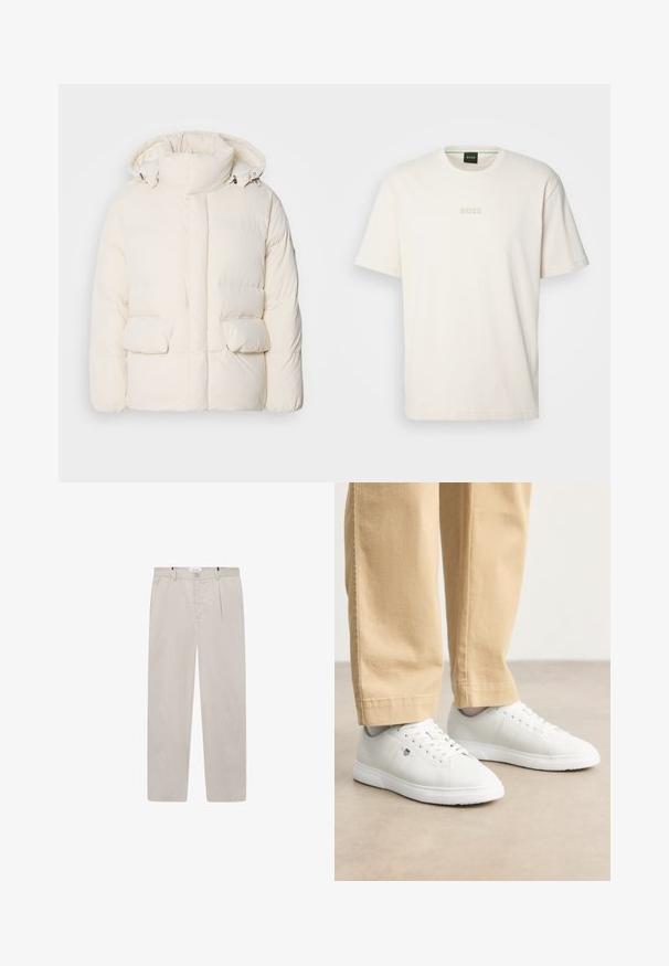 Pehmea valge jakk, millel on kõrge krae, kaks esikotti ja sile tekstuur, mis kinnitub tõmblukuga. Kerge ja isoleeritud disain.; BOSS TEE - Lihtne T-särk - open white; Heledad beige'i värvi pehmete kangastega püksid, sirge lõikega, kahe külgpocketiga ja esise nööbiga kinnitusega. Kerge ja siledat tekstuuri.; Valged nahast tossud siledaga lõpetusega, ümarate varvastega, paeltega kinnitatud disain ja külgedel peene logoga, kombineeritud beežide pükstega.