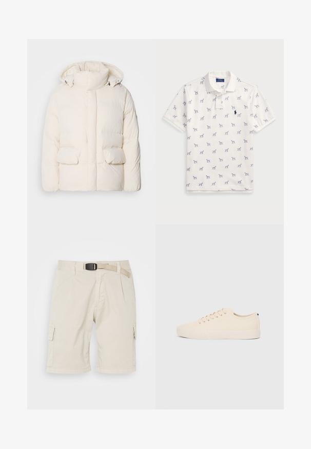 Baltas pamušalas didelis šalikas, dviejų priekinėmis kišenėmis ir lygiu paviršiumi, užsegamas užtrauktuku. Lengvas ir izoliuotas dizainas.; Balta polo marškiniai, pagaminti iš medvilnės, su pasikartojančiu mėlynu šunų raštu ir mažuoju mėlynu logotipu ant krūtinės. Trumpomis rankovėmis ir apykakle.; Šviesiai rudos spalvos cargo šortai su tiesiu priekiu, dirželių kilpelėmis, rauktiniais, šoninėmis kišenėmis ir tekstūruota medžiaga. Ilgis siekia šlaunų vidurį.; Šviesiai rudos drobės sportbačiai su apvalia nosimi, plokščiu guminiu padu ir raišteliais priekyje. Pasižymi minimalizmu ir juodu akcentu kulne.