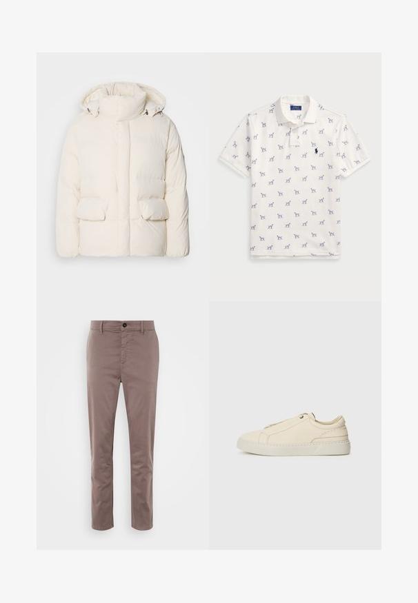 Pufota balta jaka ar augstu apkakli, divām priekšējām kabatām un gludu tekstūru ar rāvējslēdzēju. Vieglas un izolējošas konstrukcijas.; Balta polo krekls, kas izgatavots no kokvilnas, ar atkārtotu zilu suņu rakstu un mazu zilu logo uz krūšu daļas. Īsas piedurknes un apkakle.; Šauri bikses no bālgani pelēka kokvilnas, ar priekšējām pogām, sānu kabatām un gludu tekstūru. Piemērotas ikdienas valkāšanai.; Bežīga ādas kedas ar noapaļotu purngalu, minimālistisku dizainu, smalkiem stīgām un teksturētu virsmu uz gaišas zoles.