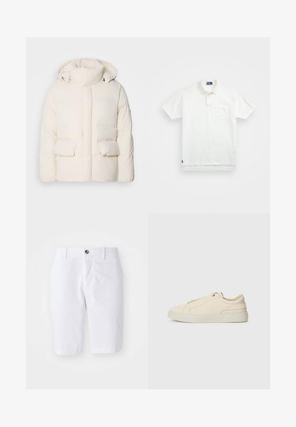 Gestepptes weißes Jacket mit hohem Kragen, zwei Fronttaschen und einer glatten Textur mit einem Reißverschluss. Leicht und isoliert im Design.; Weißes Poloshirt aus Baumwolle, mit klassischem Kragen, Drei-Knopf-Leiste und einer linken Brusttasche; kleines Logo am Saum.; Weiße Baumwollshorts mit geradem Schnitt, zwei vorderen Taschen und einem einzelnen Knopfverschluss an der Taille. Glatte Textur, knielanger Schnitt.; Beige Leder Sneaker mit runder Zehenpartie, minimalistischem Design, subtilen Nähten und strukturiertem Obermaterial auf einer hellen Sohle.