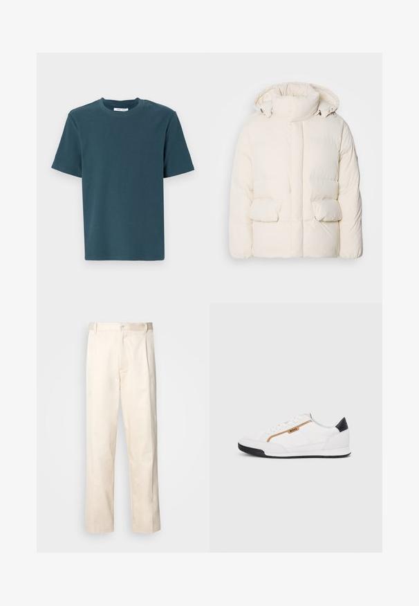 Bílá péřová bunda s vysokým límcem, dvěma předními kapsami a hladkým povrchem se zapínáním na zip. Lehký a izolační design.; Tmavě tyrkysové tričko s krátkým rukávem a kulatým výstřihem. Vyrobeno z měkkého, strukturovaného materiálu. Rovný střih bez vzorů nebo akcentů.; Bežové bavlněné kalhoty se střihy rovného nohavice, s knoflíkovým zapínáním a záhyby vpředu pro zvýraznění detailu.; Bílé sportovní boty s akcenty z meshe a kůže. Mají zlaté logo "BOSS", texturované boční panely a černý podpatek. Gumová podrážka.
