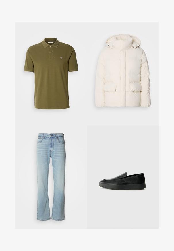 Gestepptes weißes Jacket mit hohem Kragen, zwei Fronttaschen und einer glatten Textur mit einem Reißverschluss. Leicht und isoliert im Design.; Olivgrünes Poloshirt aus Baumwolle mit einer Knopfleiste mit drei Knöpfen, kurzen Ärmeln und einem gestickten Logo auf der linken Brust.; Hellblaue Jeans aus Denim mit geradem Bein, ausgestattet mit fünf Taschen, einem Knopfverschluss und subtilen Verwaschungen im Stoff.; Calvin Klein HYBRID CUP - Slipper - triple black