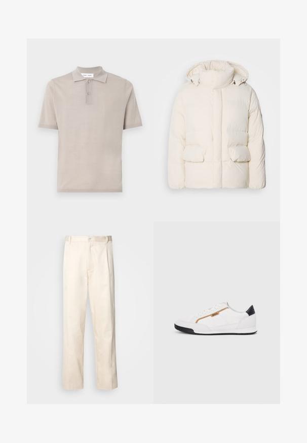 Töltött fehér dzseki, magas gallérral, két elülső zsebbel és sima felülettel, cipzáros záródással. Könnyű és szigetelt kialakítás.; Rövid ujjú polo póló világos bézs pamutból, klasszikus gallérral, két gombos záródással és sima, texturált felülettel.; Beige pamut nadrág egyenes szárú kivágással, gombos záródással és elülső redőkkel a részletek fokozása érdekében.; Fehér sportcipők, hálós és bőr díszítésekkel. Kiemelkedő arany "BOSS" logó, textúrázott oldalpanelekkel és fekete sarokkal. Gumi talp.