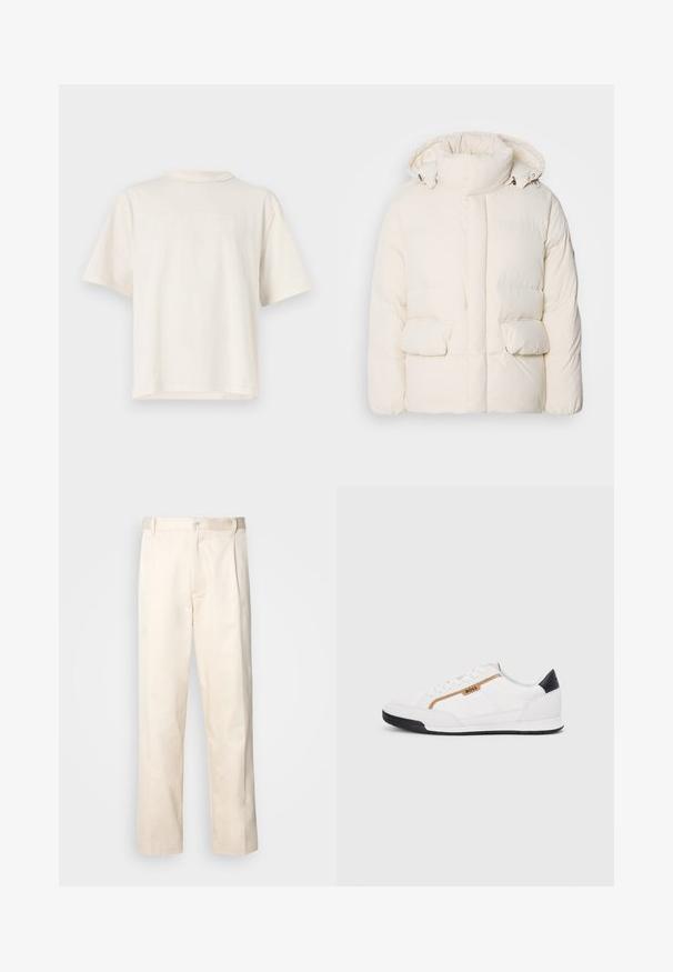 Pufota balta jaka ar augstu apkakli, divām priekšējām kabatām un gludu tekstūru ar rāvējslēdzēju. Vieglas un izolējošas konstrukcijas.; Kremkrāsas kokvilnas T-krekls ar īsām piedurknēm, kura centrā ir pacelts zīmola "GUESS ORIGINALS" logo. Apaļš kakla izgriezums, brīvs piegriezums.; Bežā krāsā auduma bikses ar taisnu kāju griezumu, pievienotām pogu aizdares un priekšējiem krokām papildu detaļām.; Baltijas krāsā baltas sporta kurpes ar acu un ādas akcentiem. Iezīmējas ar zelta "BOSS" logo, teksturētām sānu paneļiem un melnu papēža kapu. Gumijas zole.